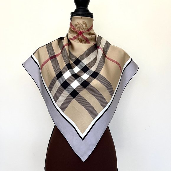 NWT Burberry Scarf Classic Beige Check Pattern Gray Border Silk Wrap - Picture 2 of 15